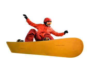 Image showing Portrait of young man in sportswear with snowboard isolated on a white background.