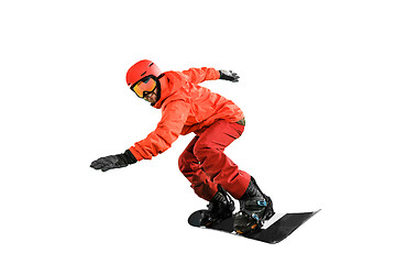 Image showing Portrait of young man in sportswear with snowboard isolated on a white background.