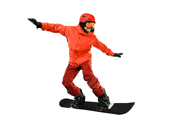 Image showing Portrait of young man in sportswear with snowboard isolated on a white background.