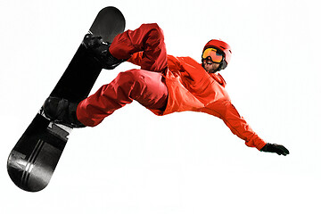 Image showing Portrait of young man in sportswear with snowboard isolated on a white background.