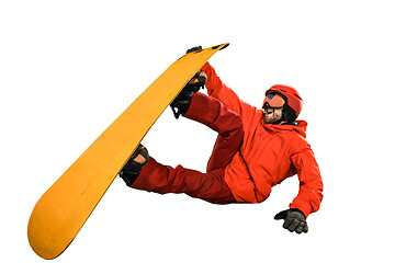 Image showing Portrait of young man in sportswear with snowboard isolated on a white background.