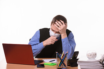 Image showing Ill office worker coughing in the workplace