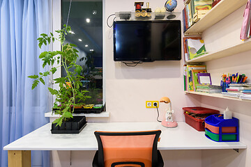 Image showing A desk in the children\'s room, on the wall a TV and shelves for school books