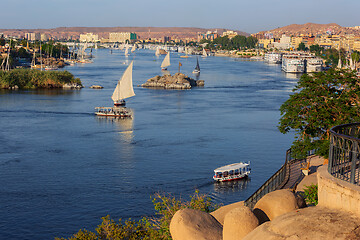 Image showing felucca boats on Nile river in Aswan