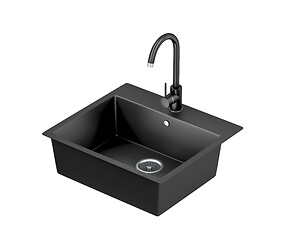 Image showing Black quartz kitchen sink and faucet