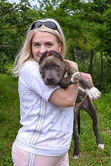 Image showing Blonde hugs Amstaff puppy