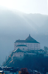 Image showing Beautiful landscape with Kufstein Fortress on a background of blurres mountains, Austria.