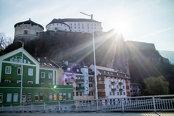 Image showing Historical town scape with Kufstein Fortress on a hillside and traditional houses, Austria.