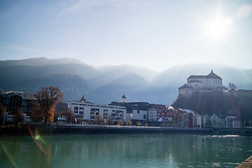 Image showing Kufstein Fortress beautiful landscape with smooth river on a forefront, Austria.