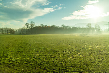 Image showing Morning sunny rural landscape with agricultural fields and areas, Austria.