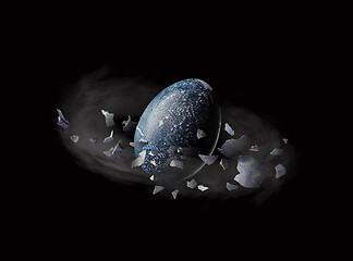 Image showing Flying painted egg or planet with parts of shell.