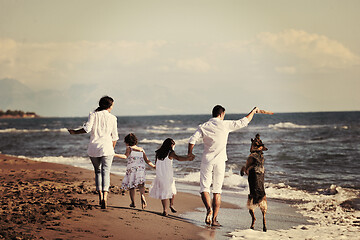 Image showing happy family playing with dog on beach