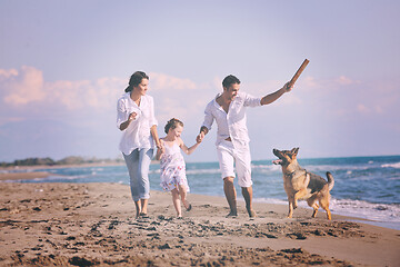 Image showing happy family playing with dog on beach