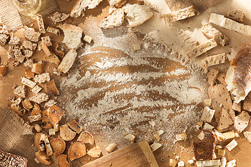 Image showing Gluten free food. Various pasta, bread and snacks on wooden background from top view