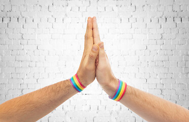 Image showing hands with gay pride wristbands make high five