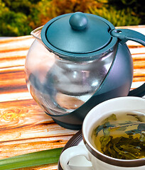 Image showing Green Tea Break Means Refreshing Refreshed And Breaktime 