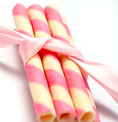 Image showing Wafer Biscuits Means Pink Cookies And Bicky 