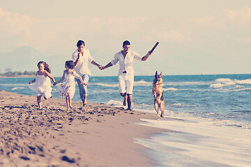 Image showing happy family playing with dog on beach