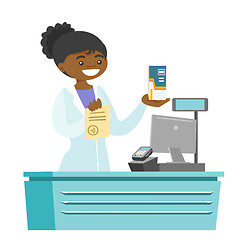 Image showing Young pharmacist showing prescription and medicine