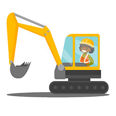 Image showing Young african builder driving an excavator.