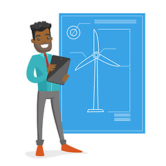 Image showing African engineer projecting a wind turbine.