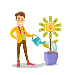 Image showing Caucasian white businessman watering money flower