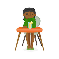 Image showing Sad african woman drinking a cocktail in a bar.