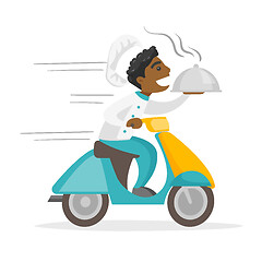 Image showing African-american man delivering dish on scooter.