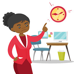 Image showing Angry african employer pointing to time on clock