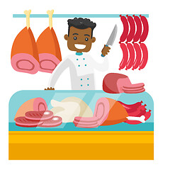 Image showing Butcher offering fresh meat in the butchery.