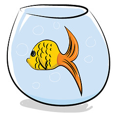 Image showing A small round aquarium with a yellow fish swimming in it vector 