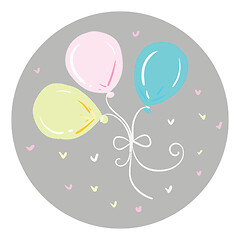 Image showing Three pink blue and yellow balloons with an exclamation mark tie