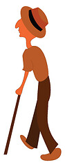 Image showing An old man with a hat walks with the help of his walking stick v