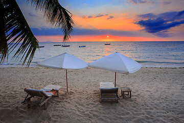 Image showing Sunset over Madagascar Nosy be beach with sunlounger