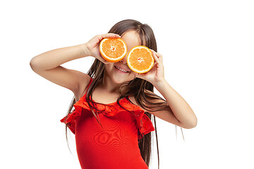 Image showing Full length portrait of cute little kid in stylish jeans clothes with orange