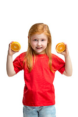 Image showing Full length portrait of cute little kid in stylish jeans clothes with orange