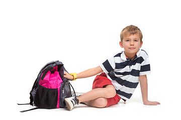 Image showing Full length portrait of cute little kid in stylish clothes looking at camera and smiling