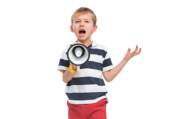 Image showing Little cute kid baby boy holding in hand and speaking in electronic gray megaphone