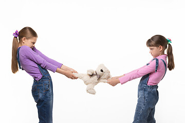 Image showing Girls pull teddy bear at each other on white background