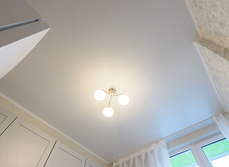 Image showing Stretch white matte ceiling in the interior of the kitchen