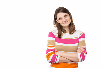 Image showing Portrait of a beautiful girl of thirty years of European appearance on a white background