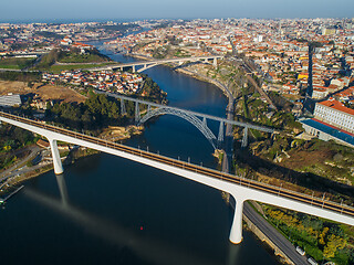 Image showing Aerial of bridges and Douro river in Porto