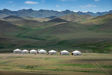 Image showing Yurts between montains in Mongolia