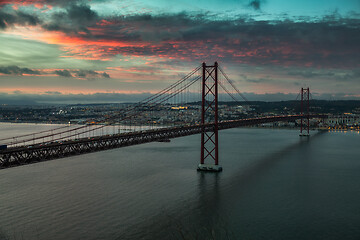 Image showing Bridge of 25th April with cars after sunset