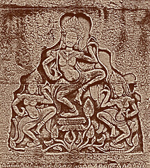 Image showing Historic Khmer bas-relief with dancing Hindu goddesses