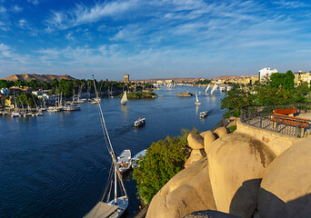 Image showing felucca boats on Nile river in Aswan