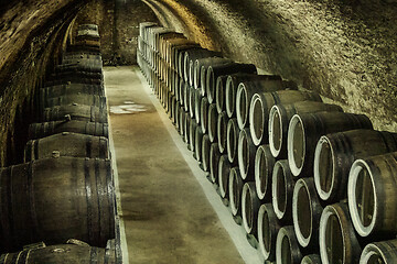 Image showing barrel filled with wine in wine cellar