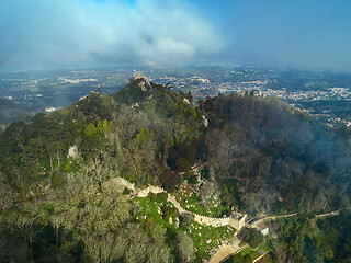 Image showing Moorish Castle in fog Portugal