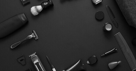 Image showing Men beauty and health concept. Various shaving and bauty care accessories placed on black background