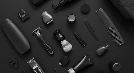 Image showing Men beauty and health concept. Various shaving and bauty care accessories placed on black background